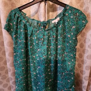 LC Lauren Conrad Teal Floral Keyhole Cap-Sleeve Blouse